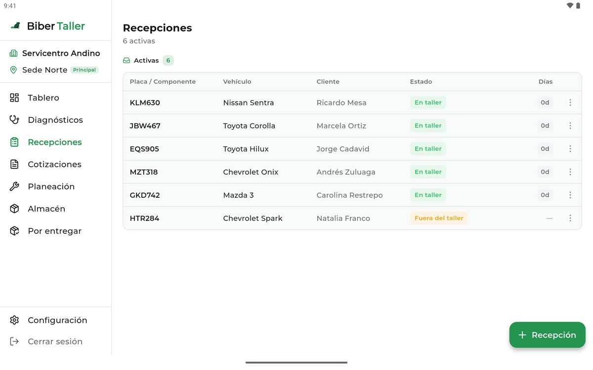Biber Taller en una tablet: lista de recepciones activas con placa, vehículo, cliente y estado